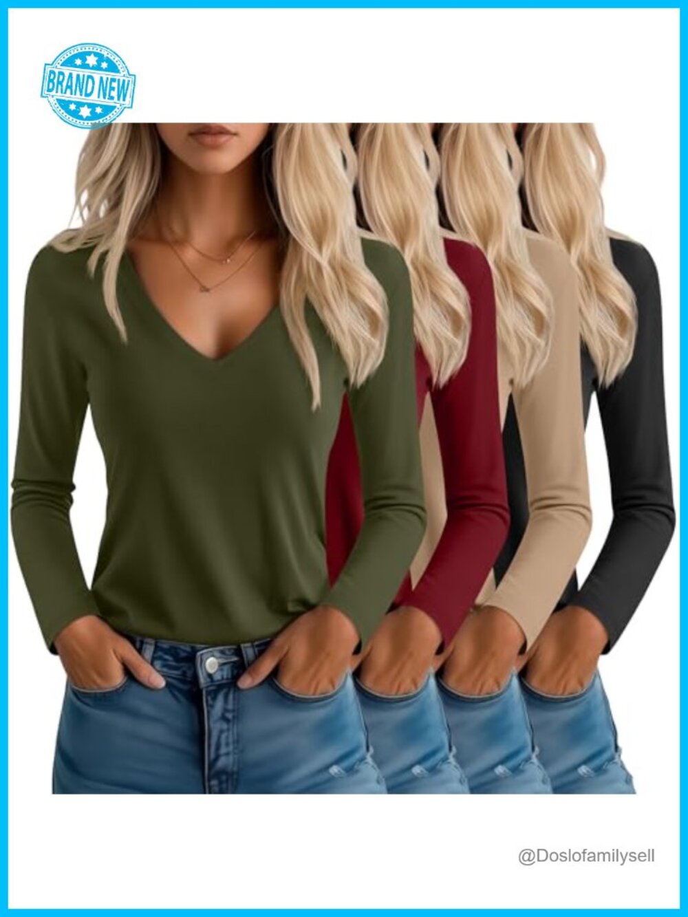 Women's V-Neck Long Sleeve T-Shirt Set Loose Fit Layering Tees 4 Pack